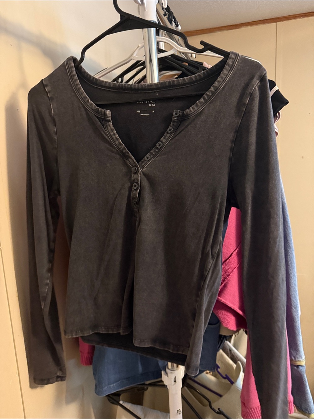 Women's Washed Black Long-Sleeve Henley Top